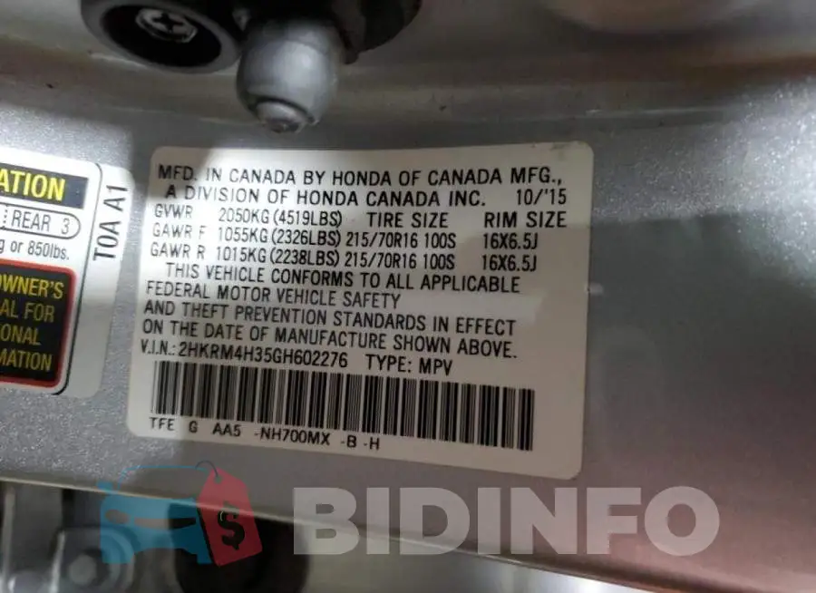 2HKRM4H35GH602276 Photo# 12