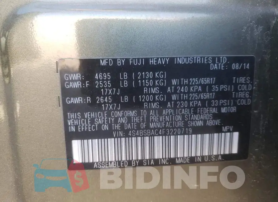 4S4BSBAC4F3220719 Photo# 10