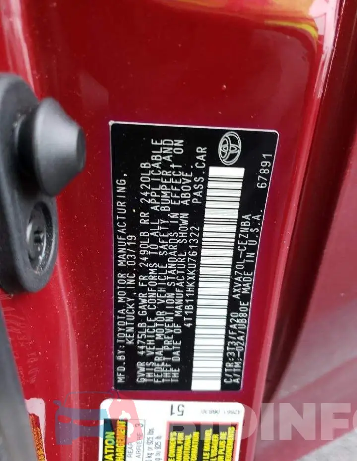 4T1B11HKXKU761322 Photo# 13