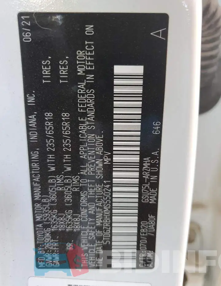 5TDGZRBHXMS550241 Photo# 10