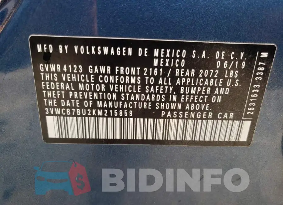 3VWCB7BU2KM215859 Photo# 10