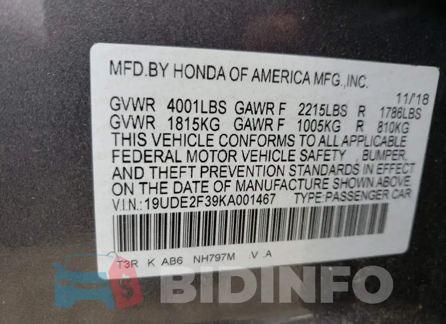 19UDE2F39KA001467 Photo# 10