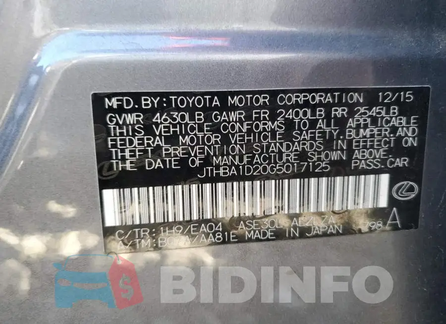 JTHBA1D20G5017125 Photo# 12