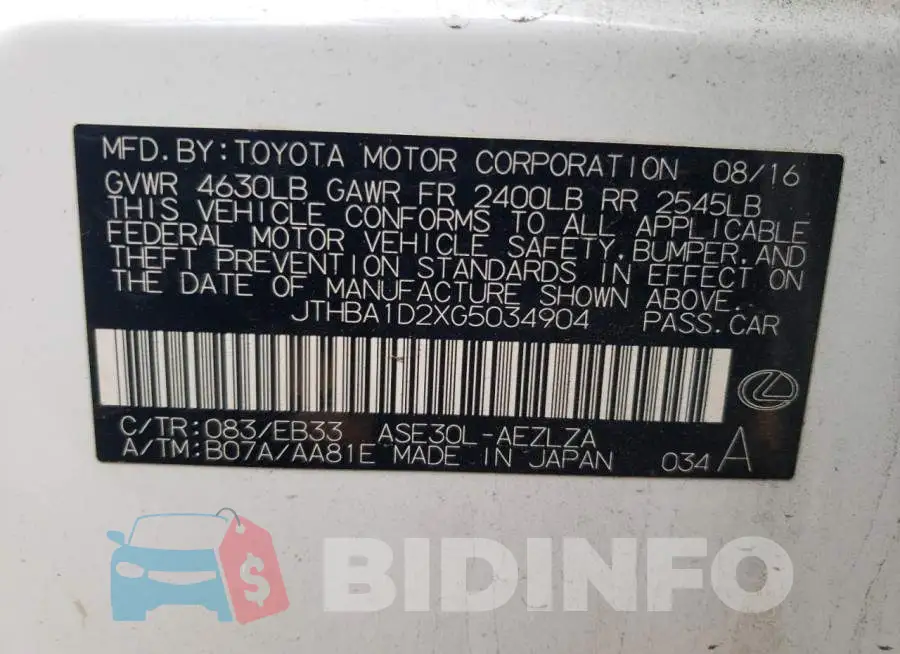 JTHBA1D2XG5034904 Photo# 12