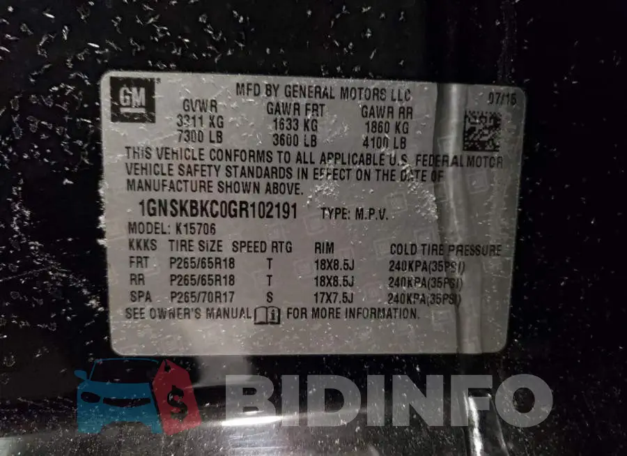 1GNSKBKC0GR102191 Photo# 14
