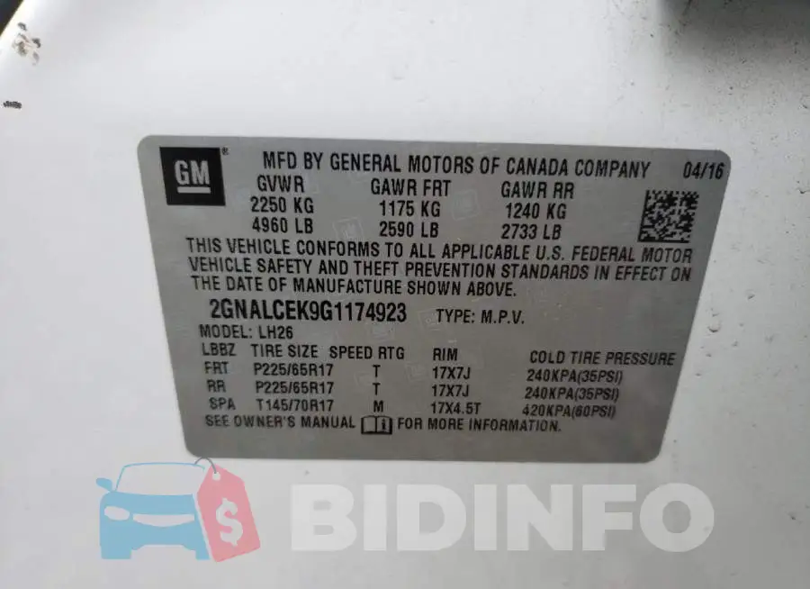 2GNALCEK9G1174923 Photo# 13