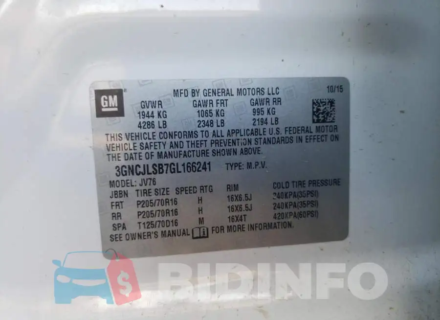 3GNCJLSB7GL166241 Photo# 10