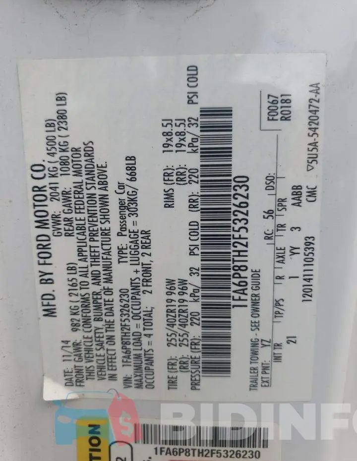 1FA6P8TH2F5326230 Photo# 10