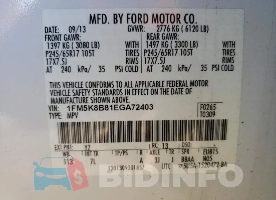 1FM5K8B81EGA72403 Photo# 13