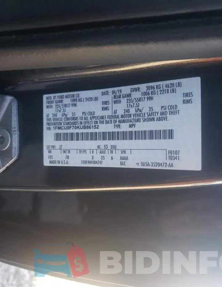 1FMCU0F70KUB86152 Photo# 13