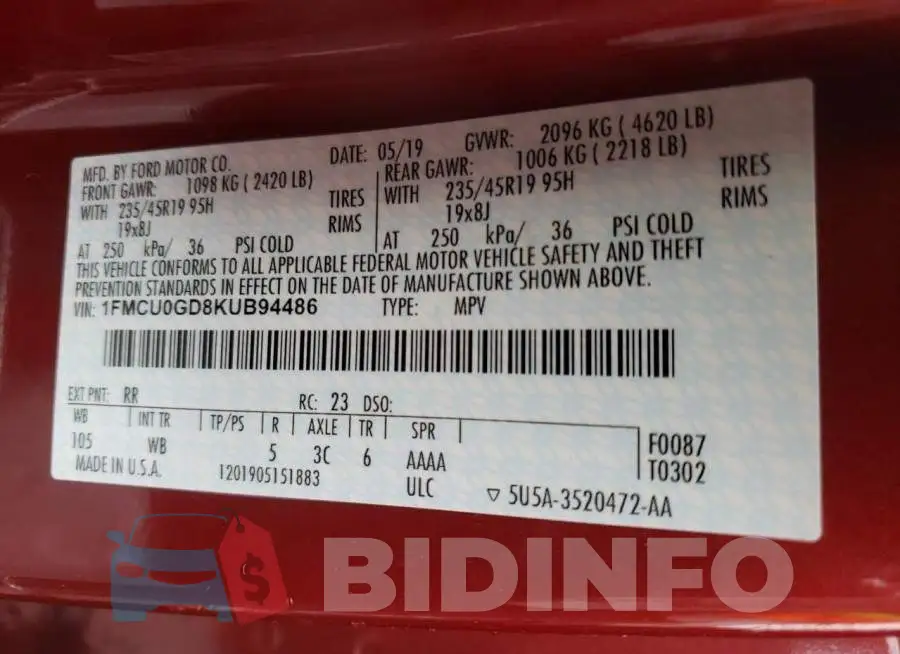1FMCU0GD8KUB94486 Photo# 13