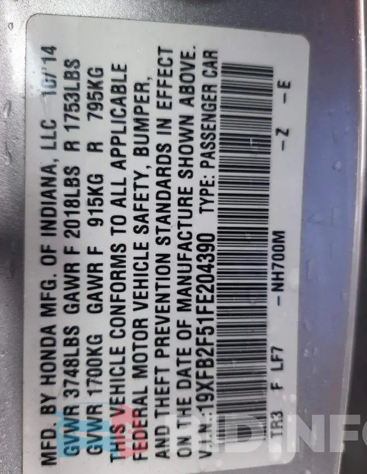 19XFB2F51FE204390 Photo# 12