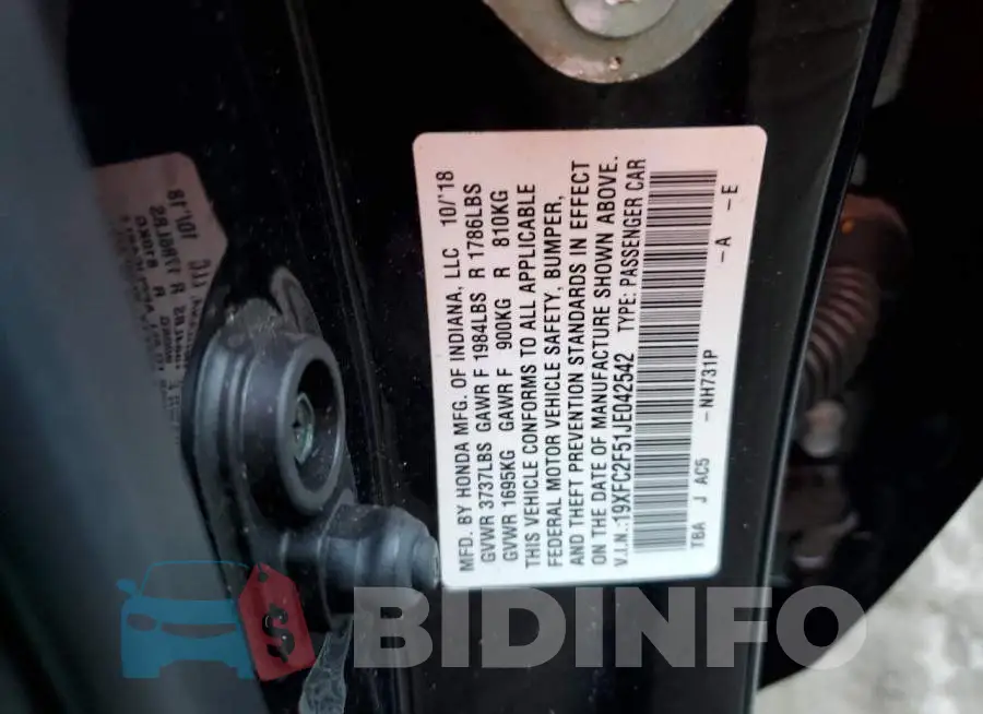 19XFC2F51JE042542 Photo# 10