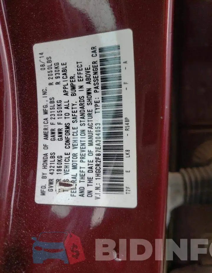 1HGCR2F87EA304053 Photo# 10