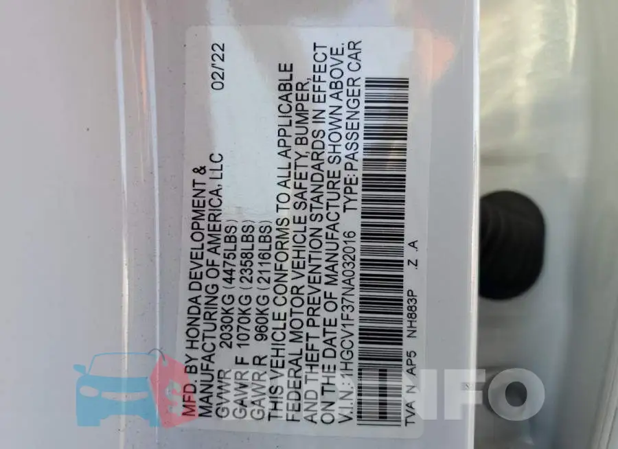 1HGCV1F37NA032016 Photo# 10