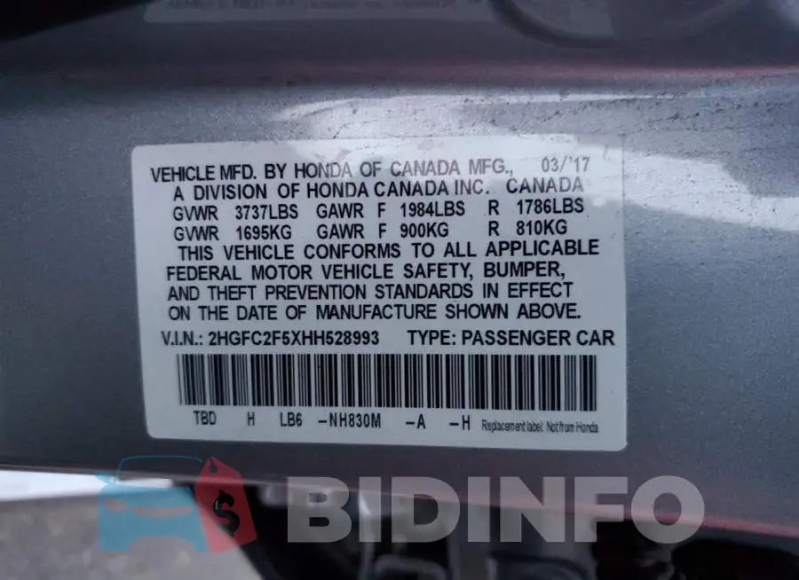 2HGFC2F5XHH528993 Photo# 12