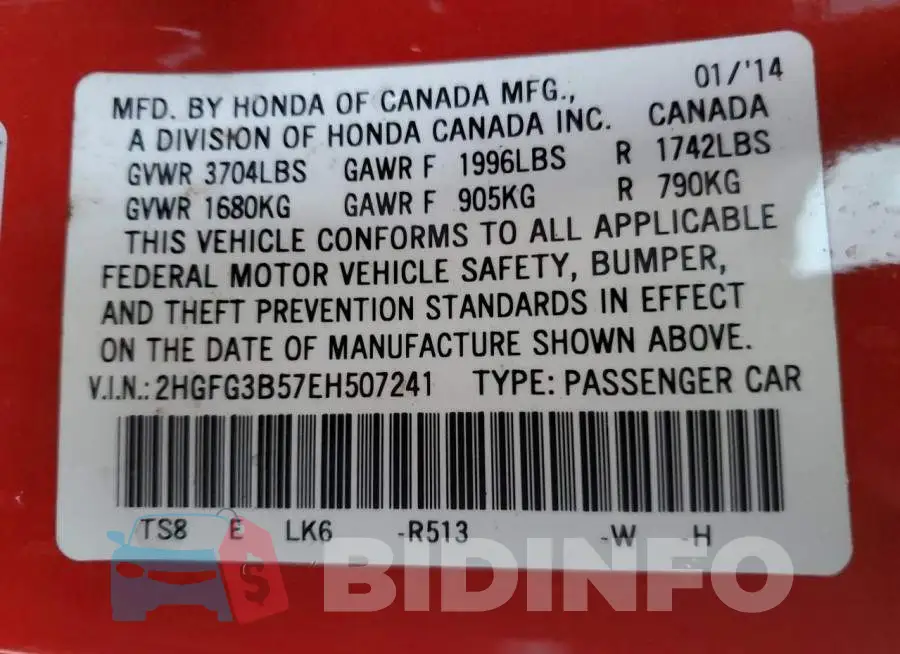 2HGFG3B57EH507241 Photo# 13