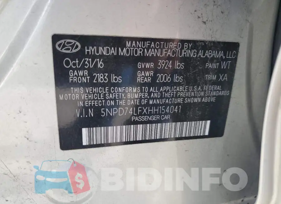 5NPD74LFXHH154041 Photo# 12