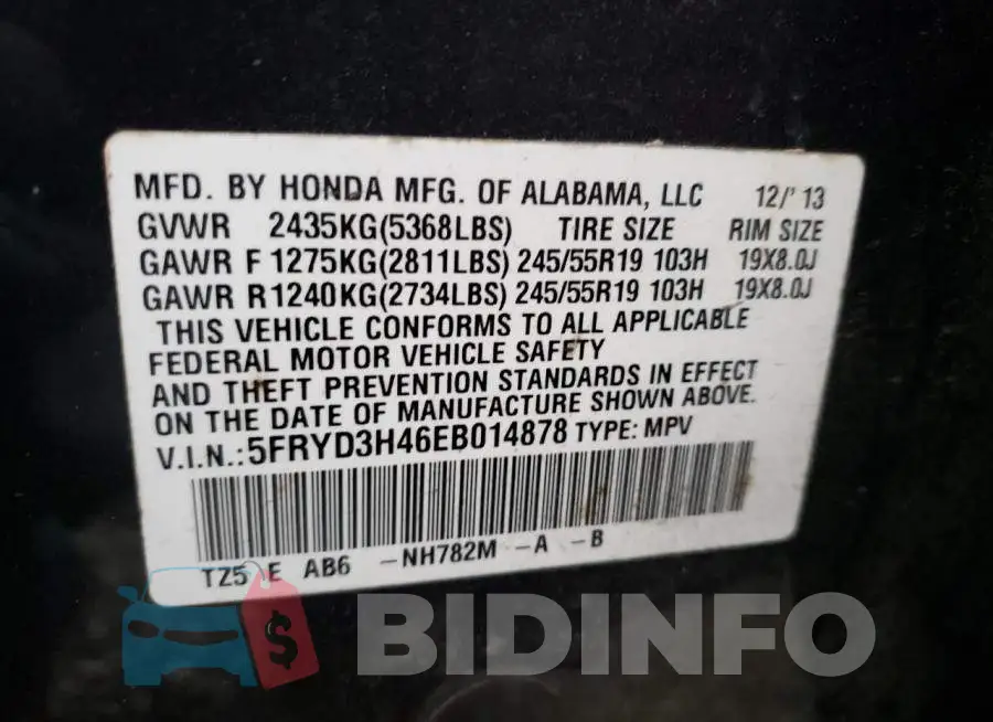 5FRYD3H46EB014878 Photo# 14