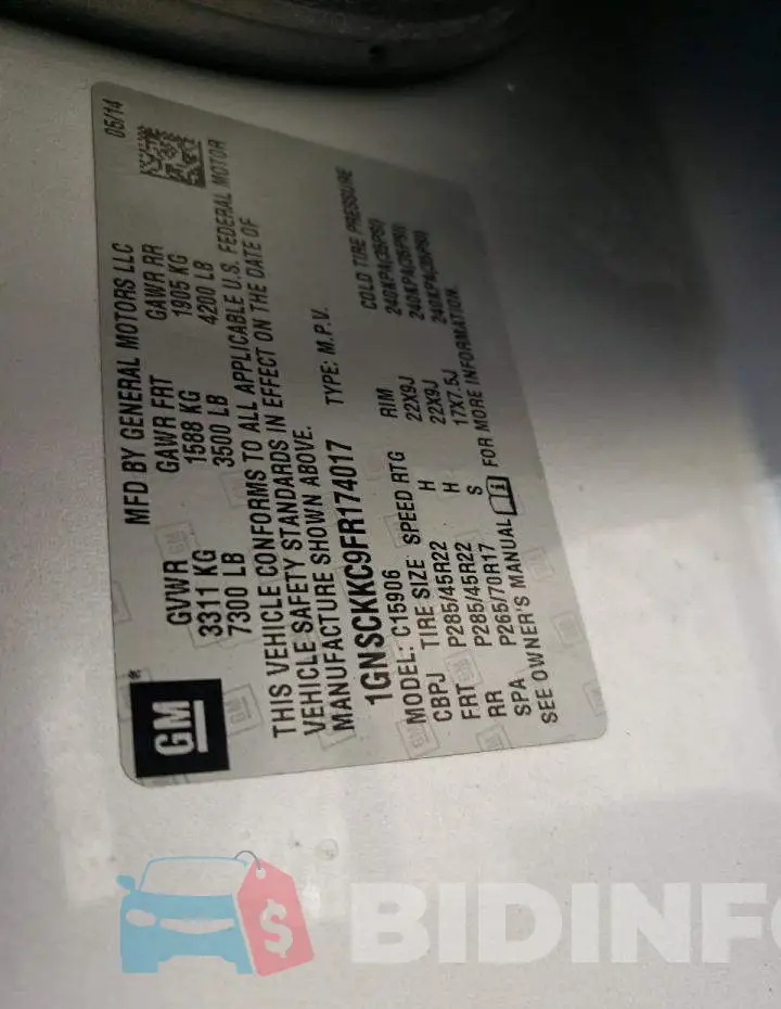 1GNSCKKC9FR174017 Photo# 10
