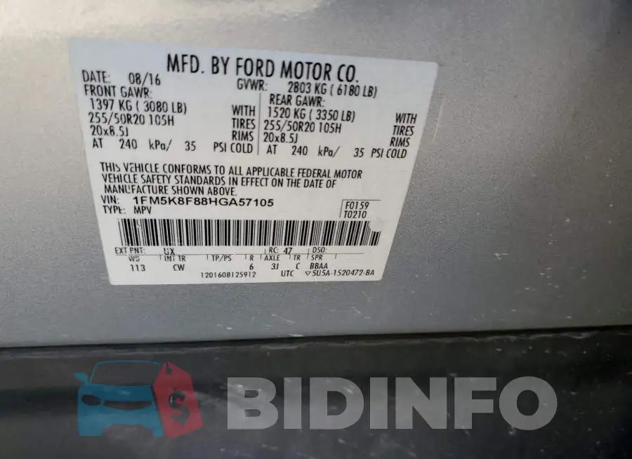 1FM5K8F88HGA57105 Photo# 10