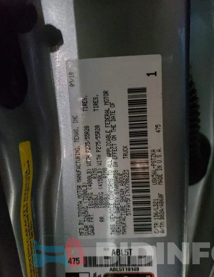 5TFAY5F17KX786223 Photo# 12