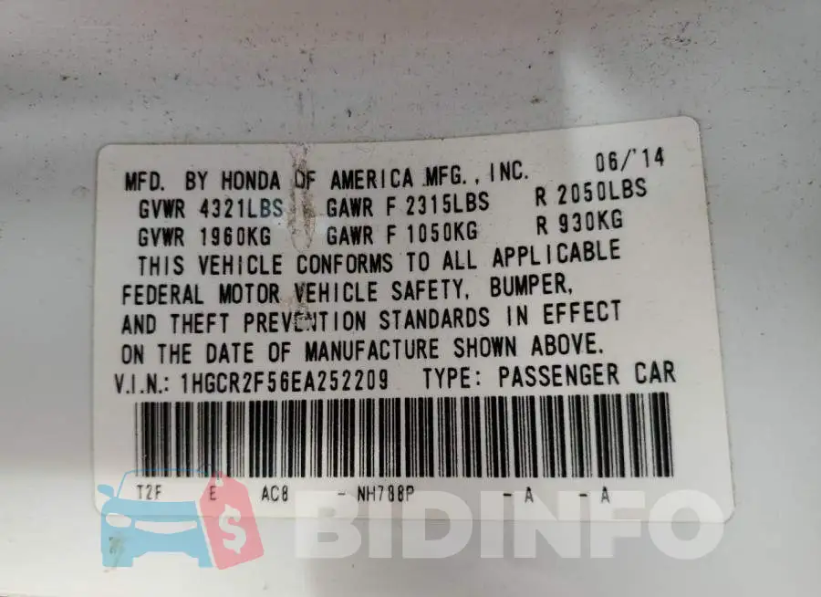 1HGCR2F56EA252209 Photo# 12