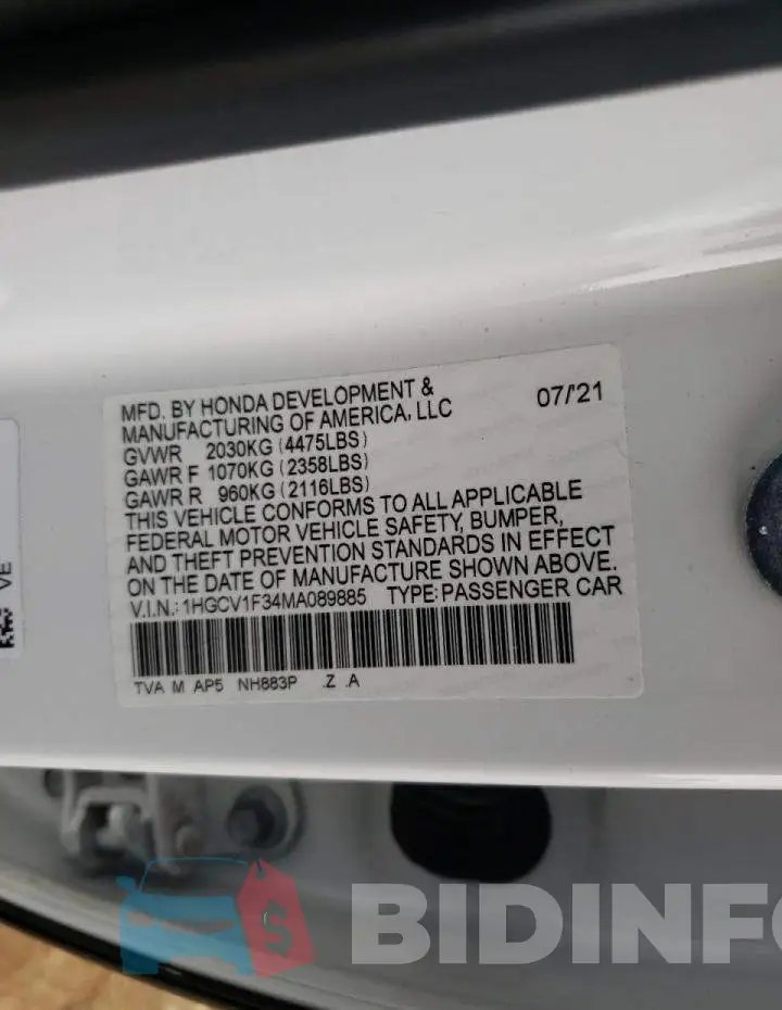1HGCV1F34MA089885 Photo# 12