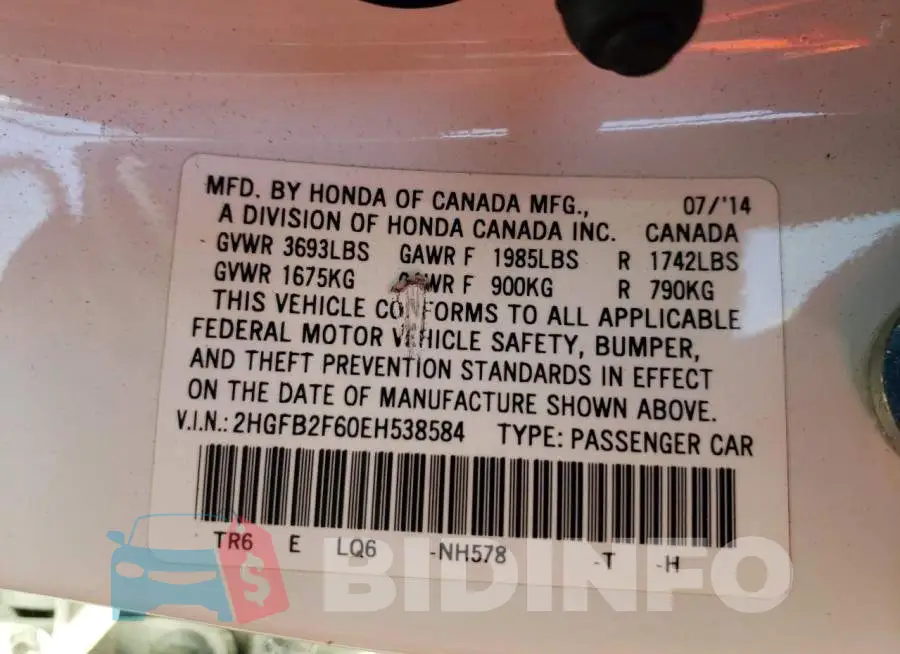 2HGFB2F60EH538584 Photo# 10