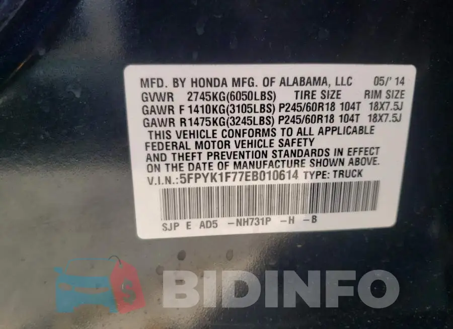 5FPYK1F77EB010614 Photo# 10
