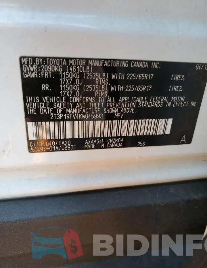 2T3P1RFV4KW045993 Photo# 10