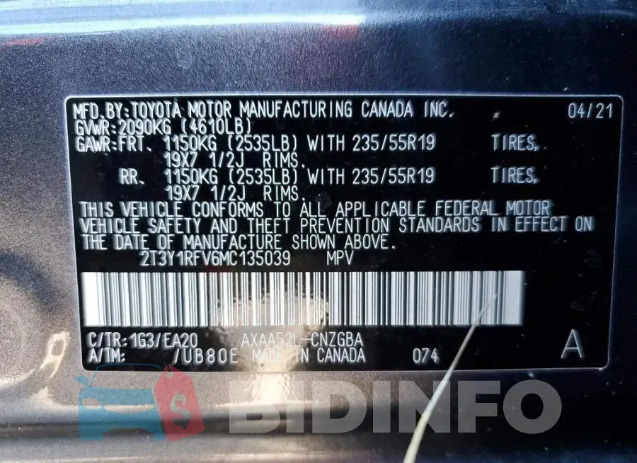 2T3Y1RFV6MC135039 Photo# 13