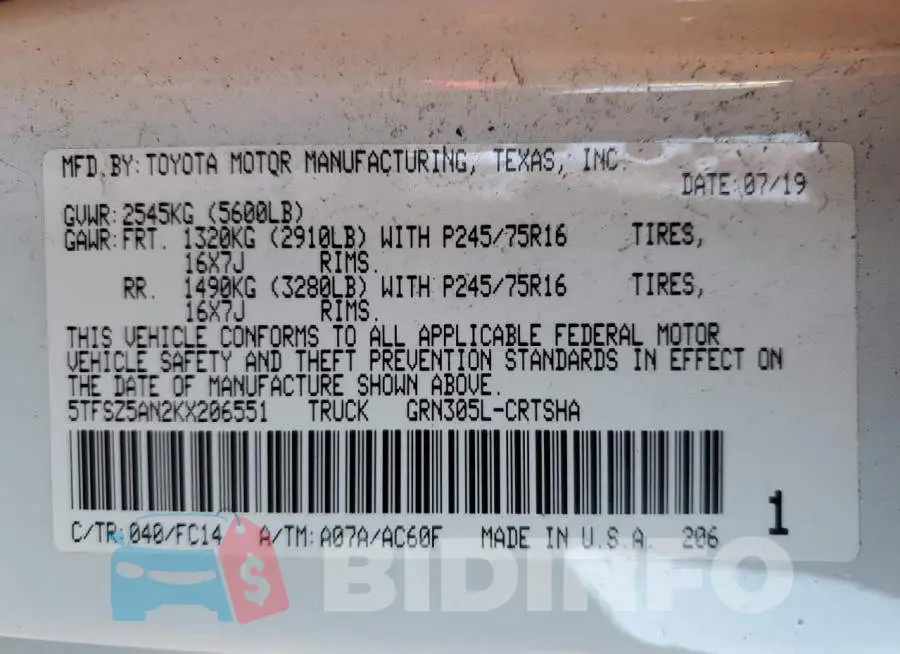 5TFSZ5AN2KX206551 Photo# 12