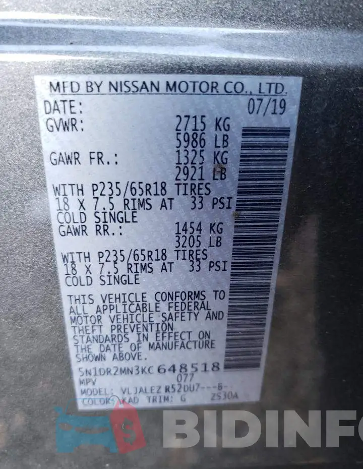 5N1DR2MN3KC648518 Photo# 13