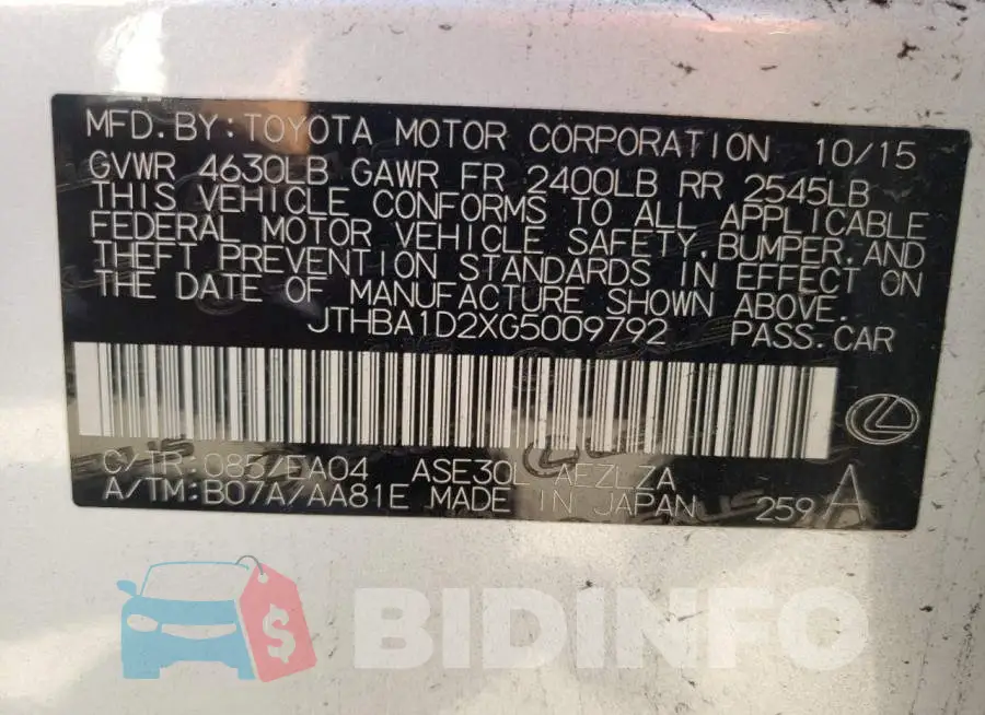 JTHBA1D2XG5009792 Photo# 12