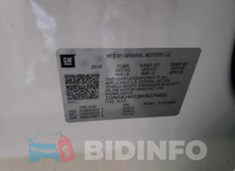 1GNSKHKC8KR279681 Photo# 10