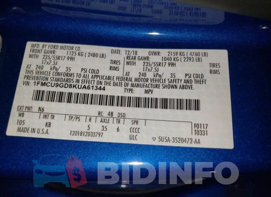 1FMCU9GD8KUA61344 Photo# 12