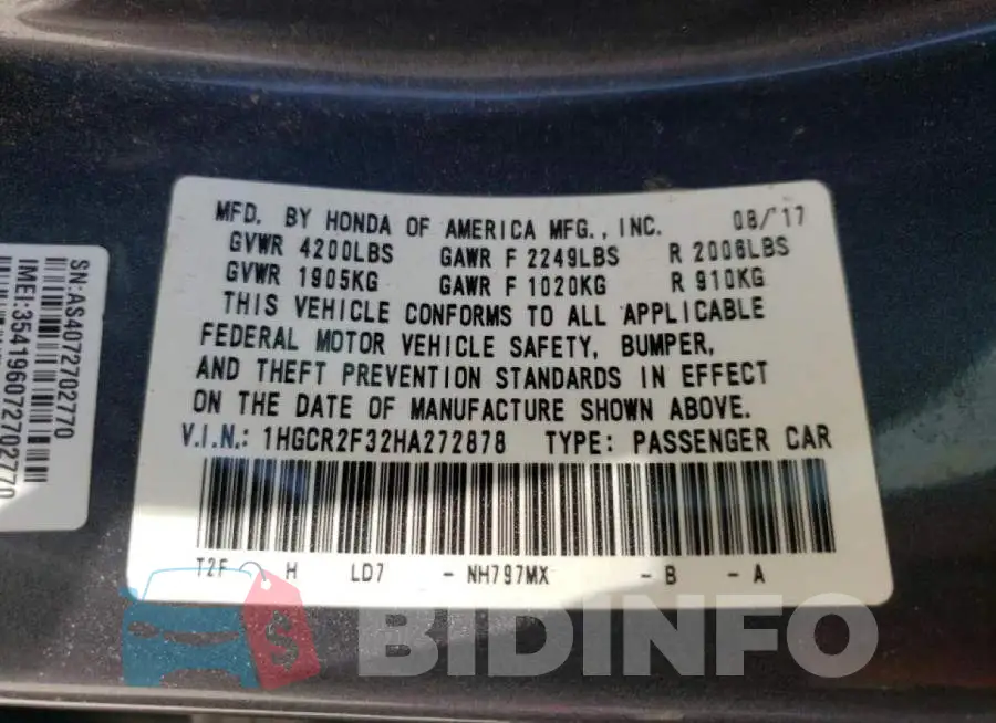 1HGCR2F32HA272878 Photo# 10