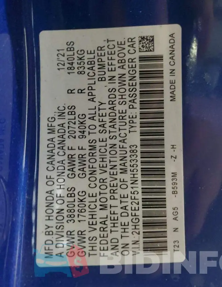 2HGFE2F51NH553383 Photo# 10