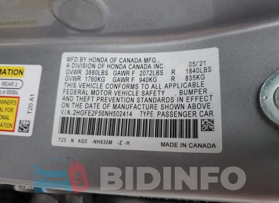 2HGFE2F56NH502414 Photo# 12
