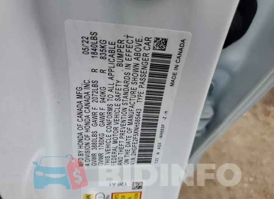 2HGFE2F5XNH585443 Photo# 12