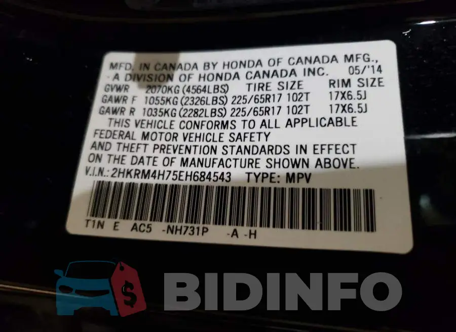 2HKRM4H75EH684543 Photo# 12