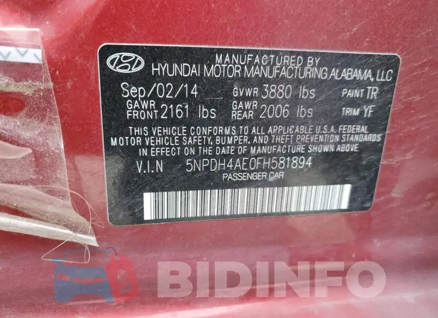 5NPDH4AE0FH581894 Photo# 12