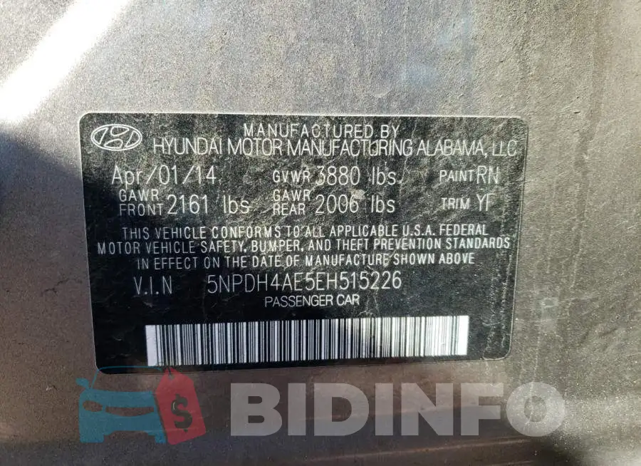 5NPDH4AE5EH515226 Photo# 13