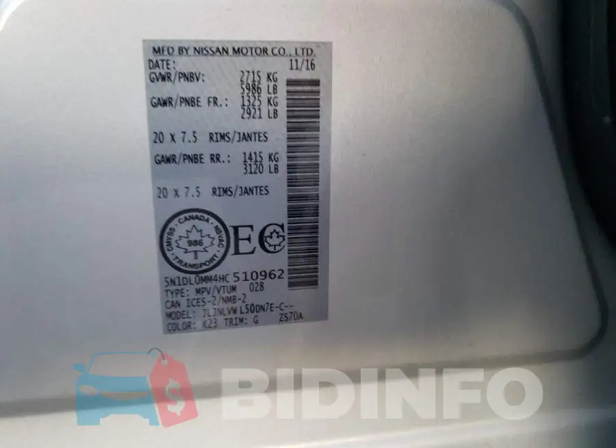 5N1DL0MM4HC510962 Photo# 13