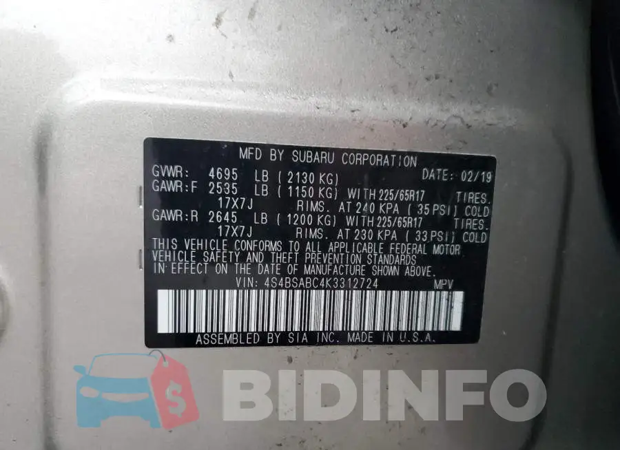 4S4BSABC4K3312724 Photo# 13
