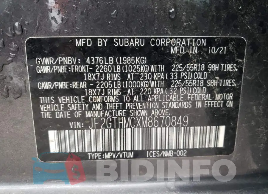 JF2GTHMCXM8670849 Photo# 13