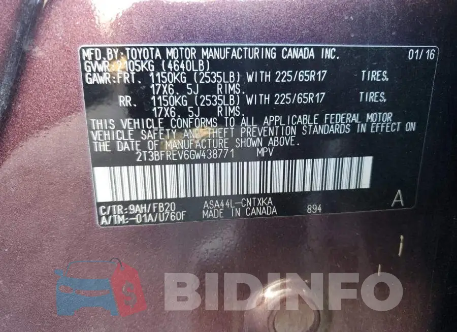 2T3BFREV6GW438771 Photo# 13