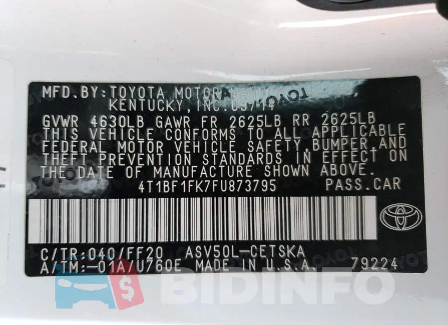 4T1BF1FK7FU873795 Photo# 12