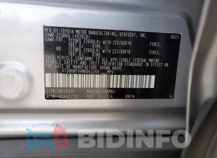 4T3B6RFV4MU042249 Photo# 13